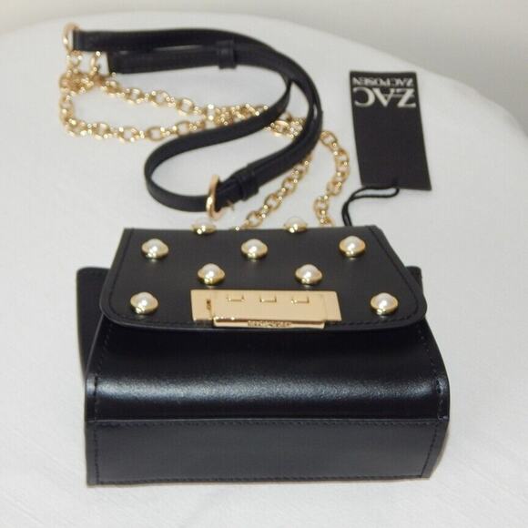 ZAC POSEN EARTHA MINI Pearl Studs Flap Chain Link Shoulder Bag Black NWT - Picture 4 of 10